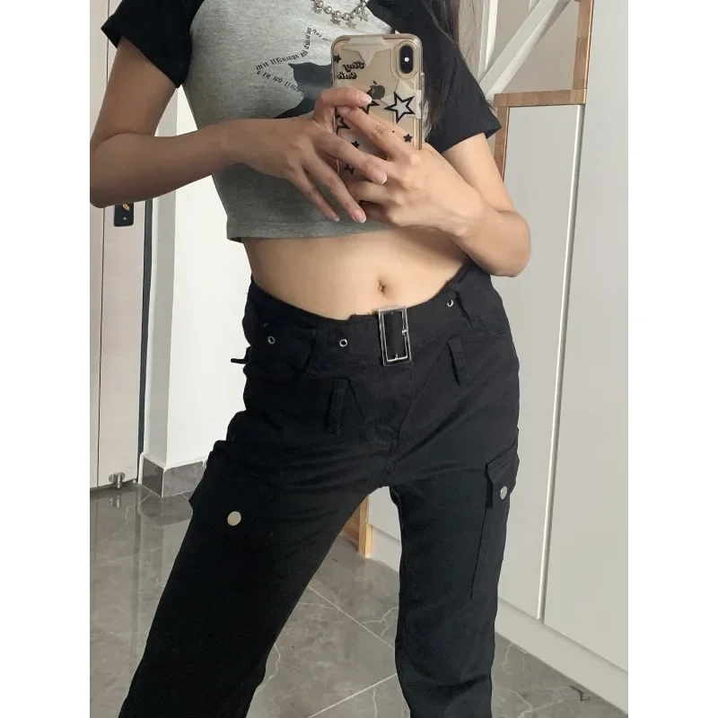 QWEEK Y2k Streetwear Cargo Jeans Women Black Gyaru Gothic Grunge Flare Denim Pants Vintage Korean Style Tights Trousers Baddies