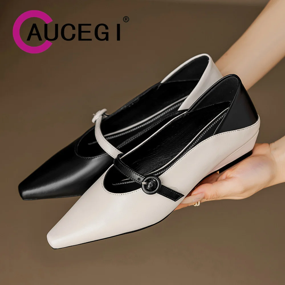 Aucegi Women Mixed Color Genuine Leather Pointed Toe Pumps Buckle Strap Fashion Wedges Low Heel Spring Autumn Banquet Shoes