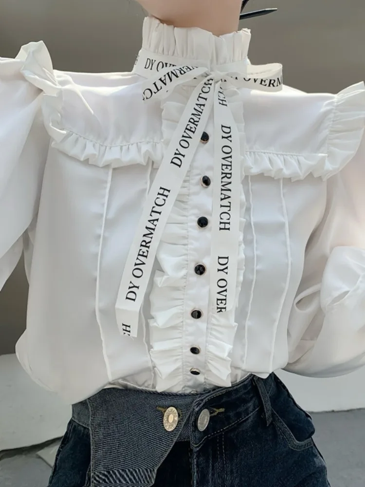 Camisas Blusas Mujer De Moda Fall French Court Style Vintage Shirt Bowknot Fungus White Top Letter Blouse Ribbon s