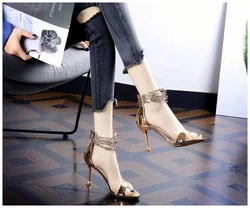 2024 spring new sexy shallow open toe high heel sandals for women Europe and America gold back zipper metal stiletto shoes