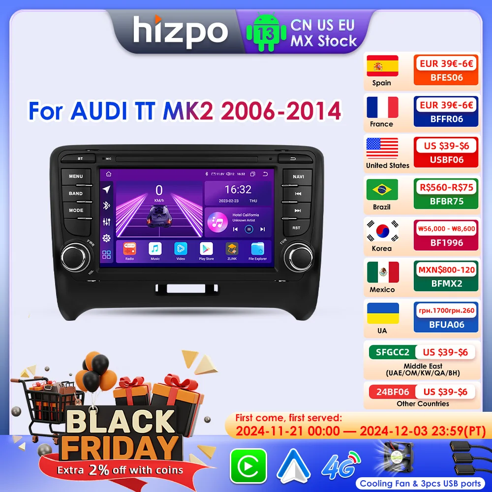 Hizpo 2 Din Android 13 Car Radio For Audi TT MK2 8J 2006-2014 Multimedia Stereo GPS Navi Head Unit Carplay Intelligent Systems