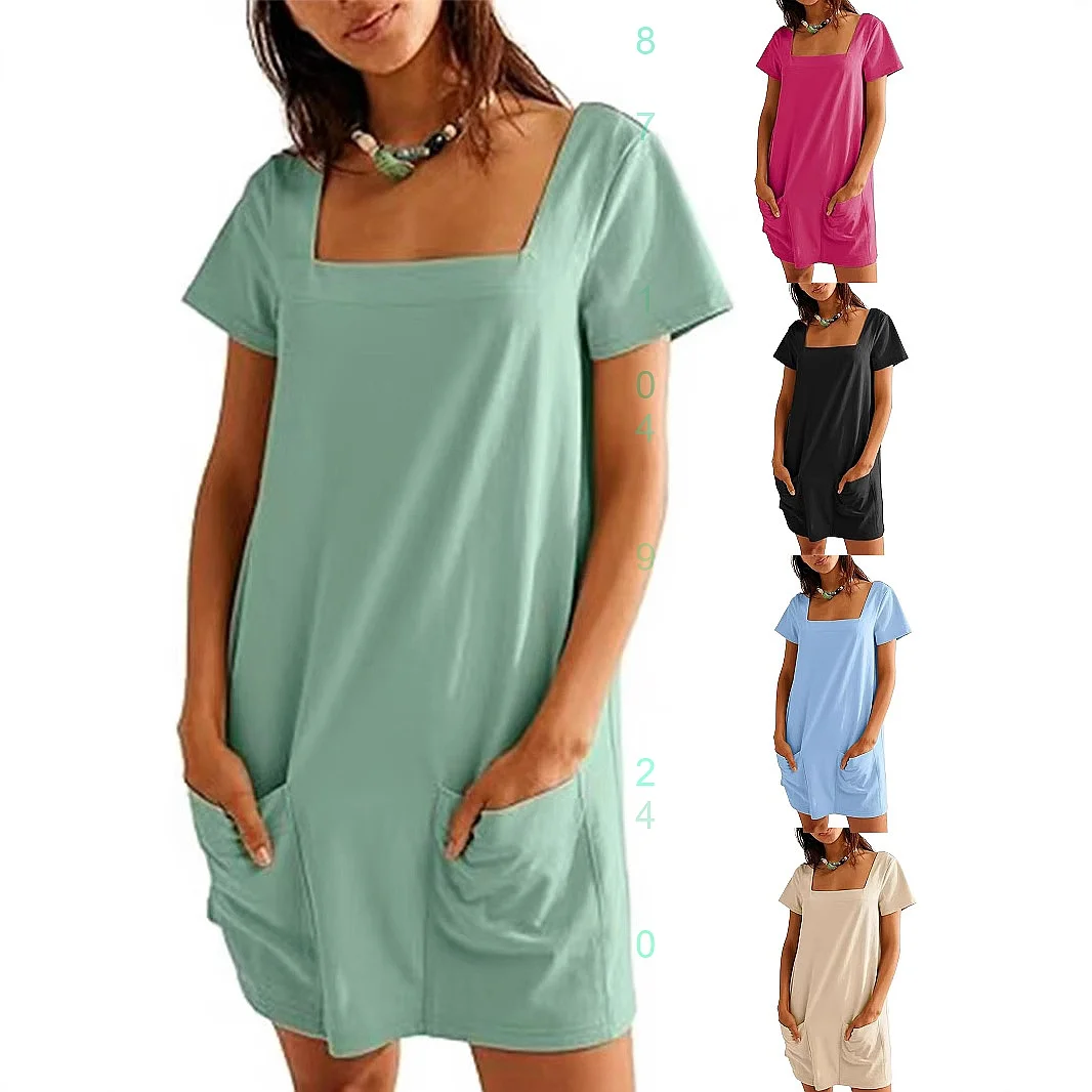 

Spring Summer Women's Square Neck Short Sleeve Dress Pockets Casual Mini Dresses Jumpsuit Playsuit