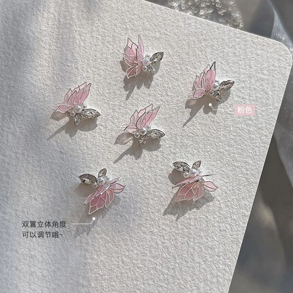 5 pezzi di diamante lucido perla farfalla fascino per unghie blu/rosa farfalla cristallo strass fai da te decorazione per unghie forniture per unghie