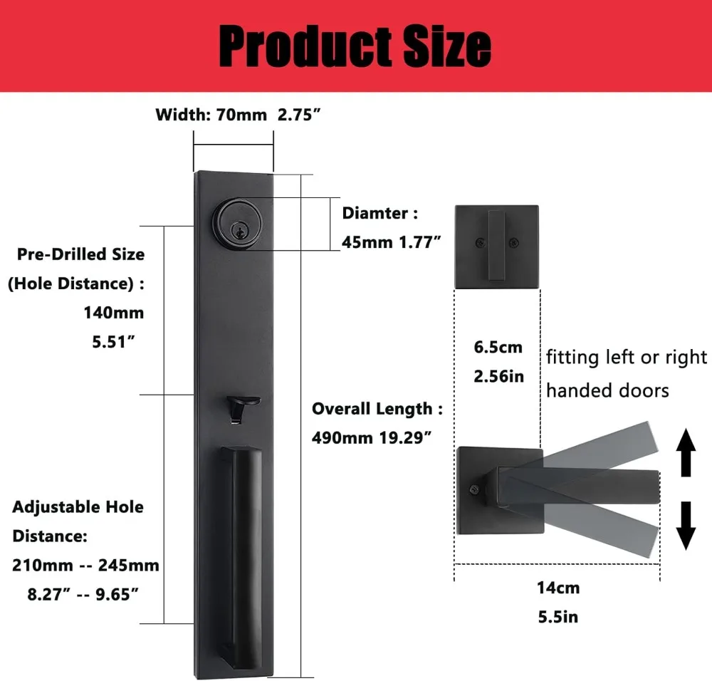 Dubbele Deurklinkset Met Dummy, Ijzeren Zwart Volledig Wapenschild Voordeur Handgreep Set Met Sleutel, Heavy Duty Vierkant