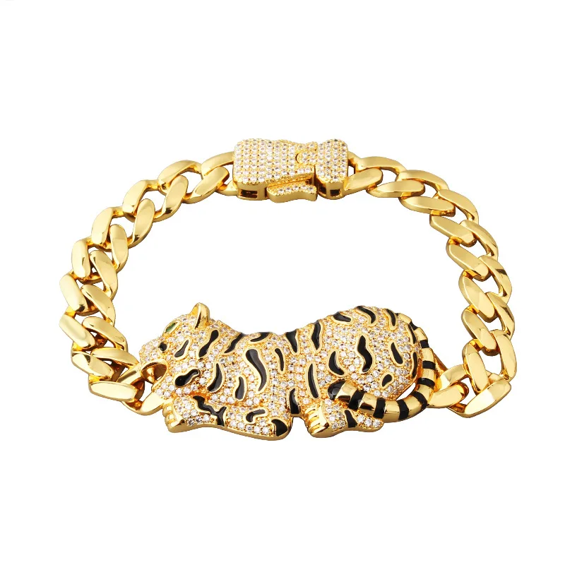 

European and American Style Fashionable Epoxy Resin Tiger Pattern Cuban Link Bracelet for Men - Bold Personality, Diamond-Inlaid