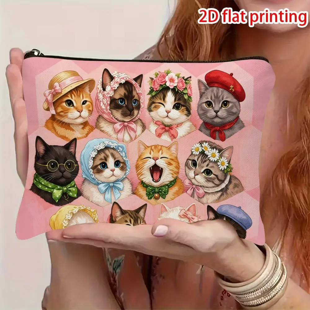 Cute Cat Themed Makeup Bag Suitable for Travel Large Capacity Foldable Cosmetic with Kitten Print Zipper Closure Storage Bag