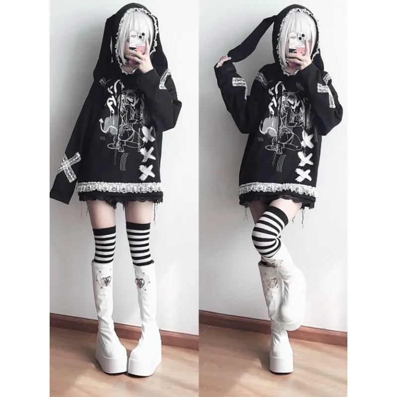 Y2K Subculture stitch Hooded Shirt Comic Sweet Sweatshirts Black Rabbit Women\'s Clothes Harajuku Loose Casual Hoodies Women Top