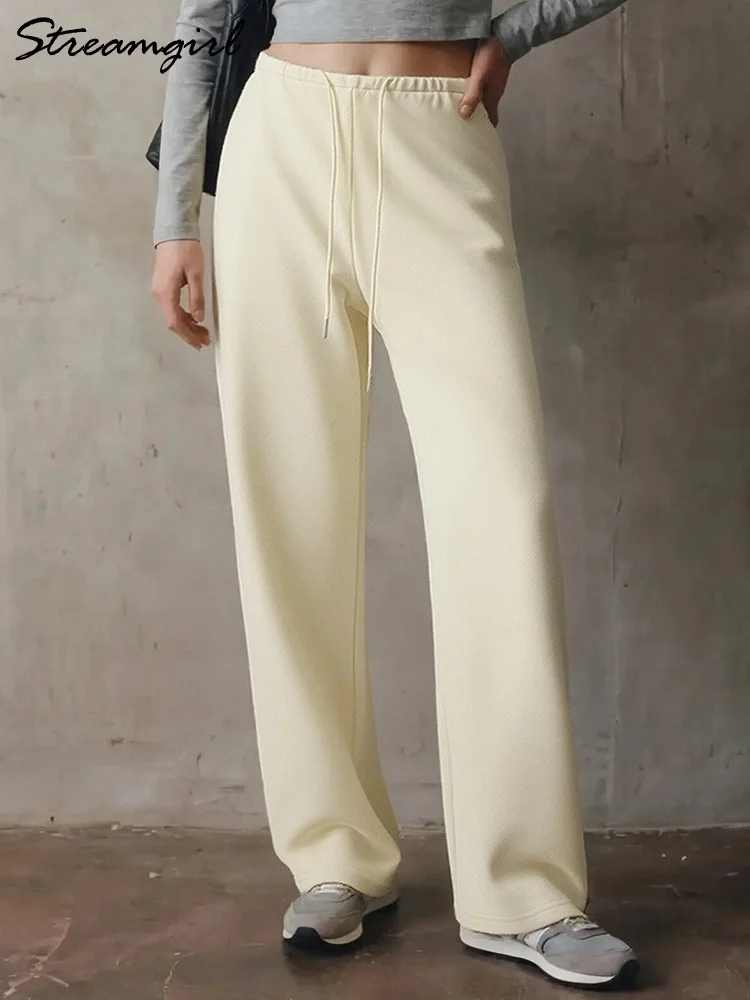 

Sreamgirl Beige Wide Leg Sweatpants Women Cotton Sport Pants Female Burgundy Plain Baggy Sweatpants Straight Leg Jogger Pants