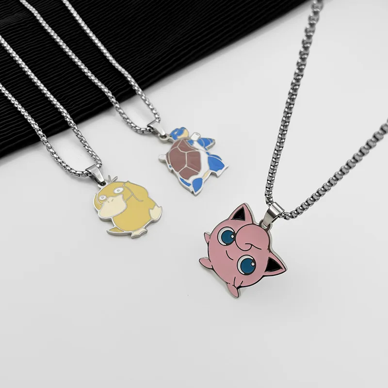 Pocket Monsters Necklace With Duck Card Geng Ghost Pass Metal Pendant Pocket Ball Couple Sweater Chain Accessories Birthday Gift