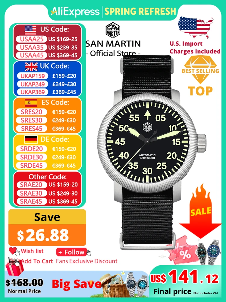 

San Martin Новые 40 мм Ретро Пилот YN55 Автоматические Механические Модные Простые Стильные Мужские Наручные Часы 100 м Водонепроницаемые C3 Светящиеся SN0143