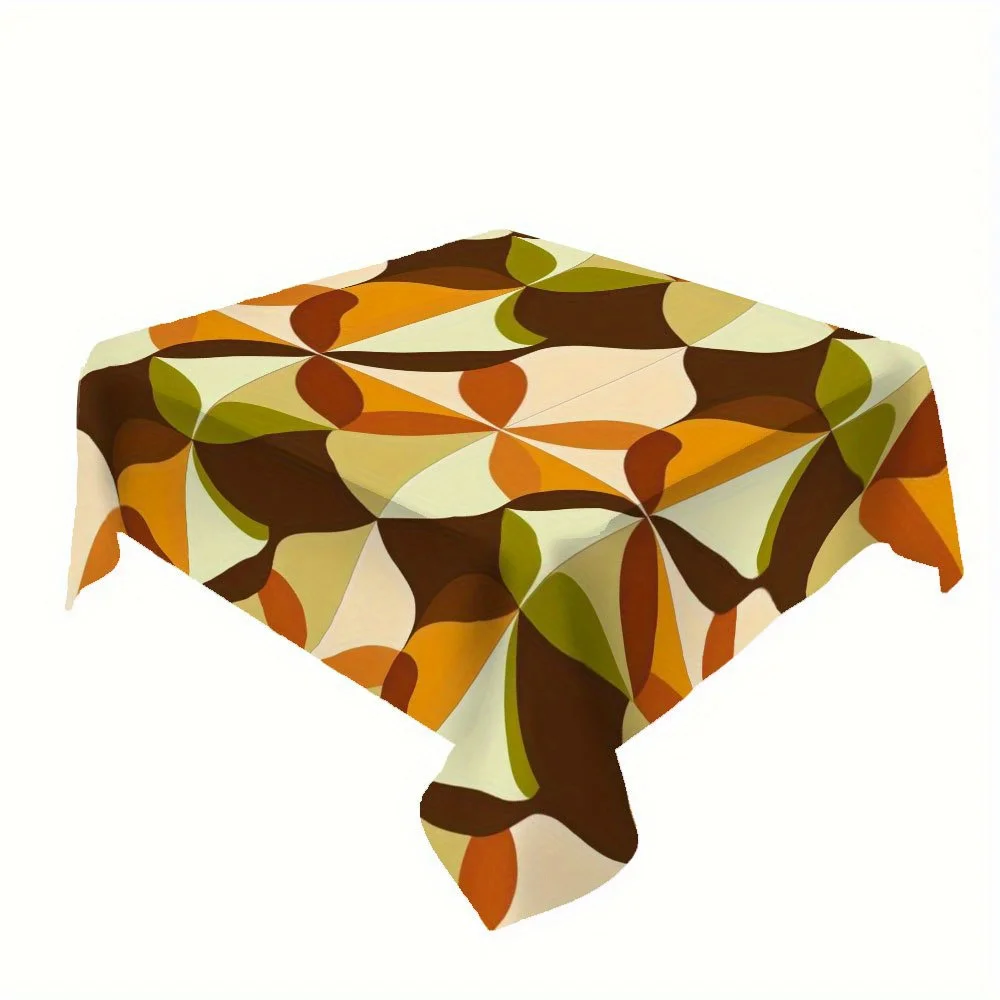 One vintage 1970s cool brown and green geometric square tablecloth. Fashionable polyester fabric.