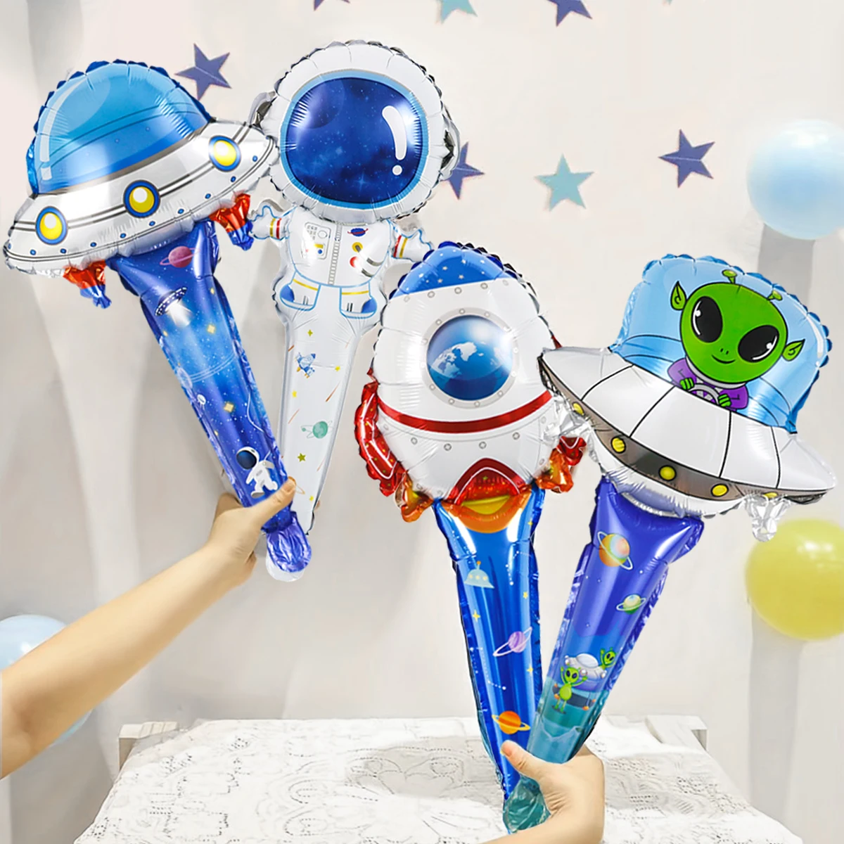 4pcs space themed astronauts, UFO handheld aluminum film balloons, suitable for birthday space themes, outdoor event decorations