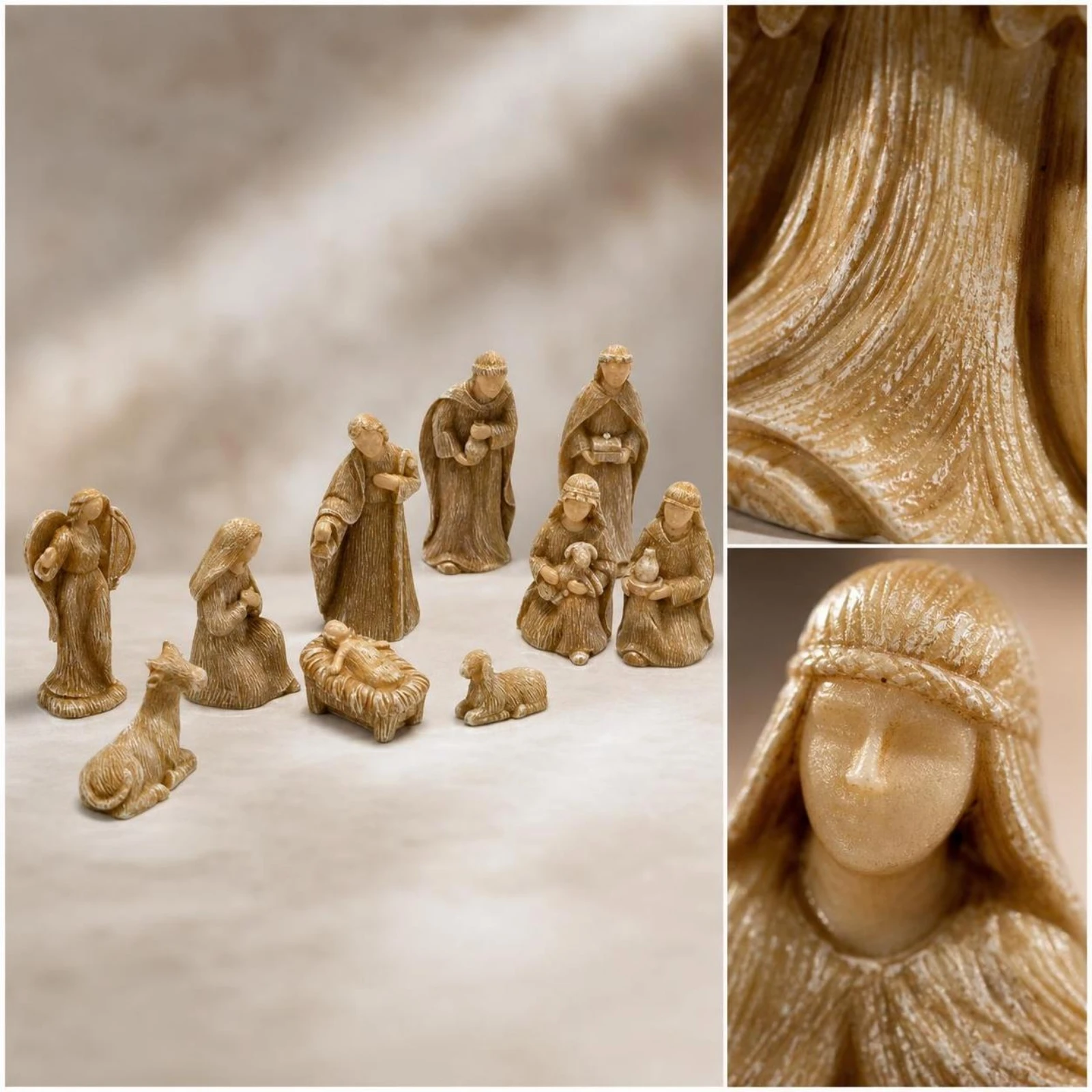 10 Pieces Nativity Figurine Set Tabletop Christmas Nativity Set Ornament Carved-Look Camel Figure Gold-Toned for Collectors