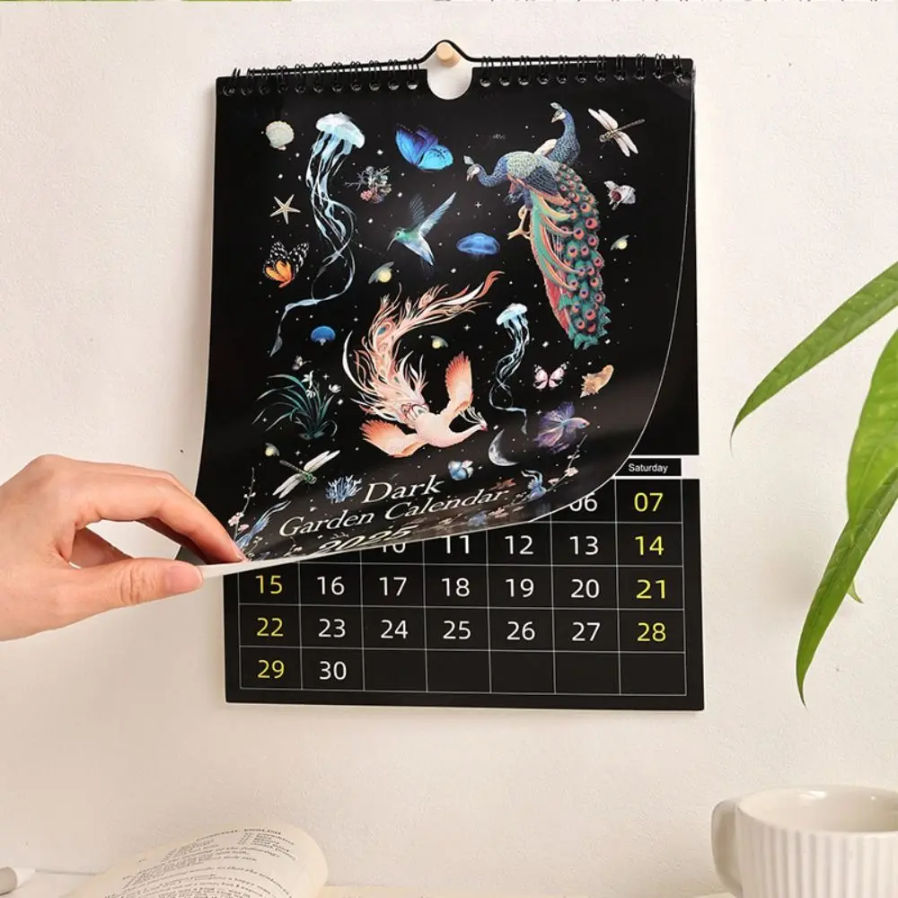 18 Months 2025 Wall Lunar Calendars INS Dark Forest English Wall hanging Calendar with Illustrations Coil Calendar