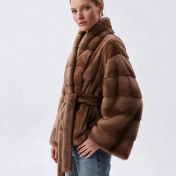 IG 2026 Women Stand Collar Belted Waist Faux Mink Fur Jacket Loose Long Sleeve Luxury Elegant Winter Party Daily Outer Coat 2