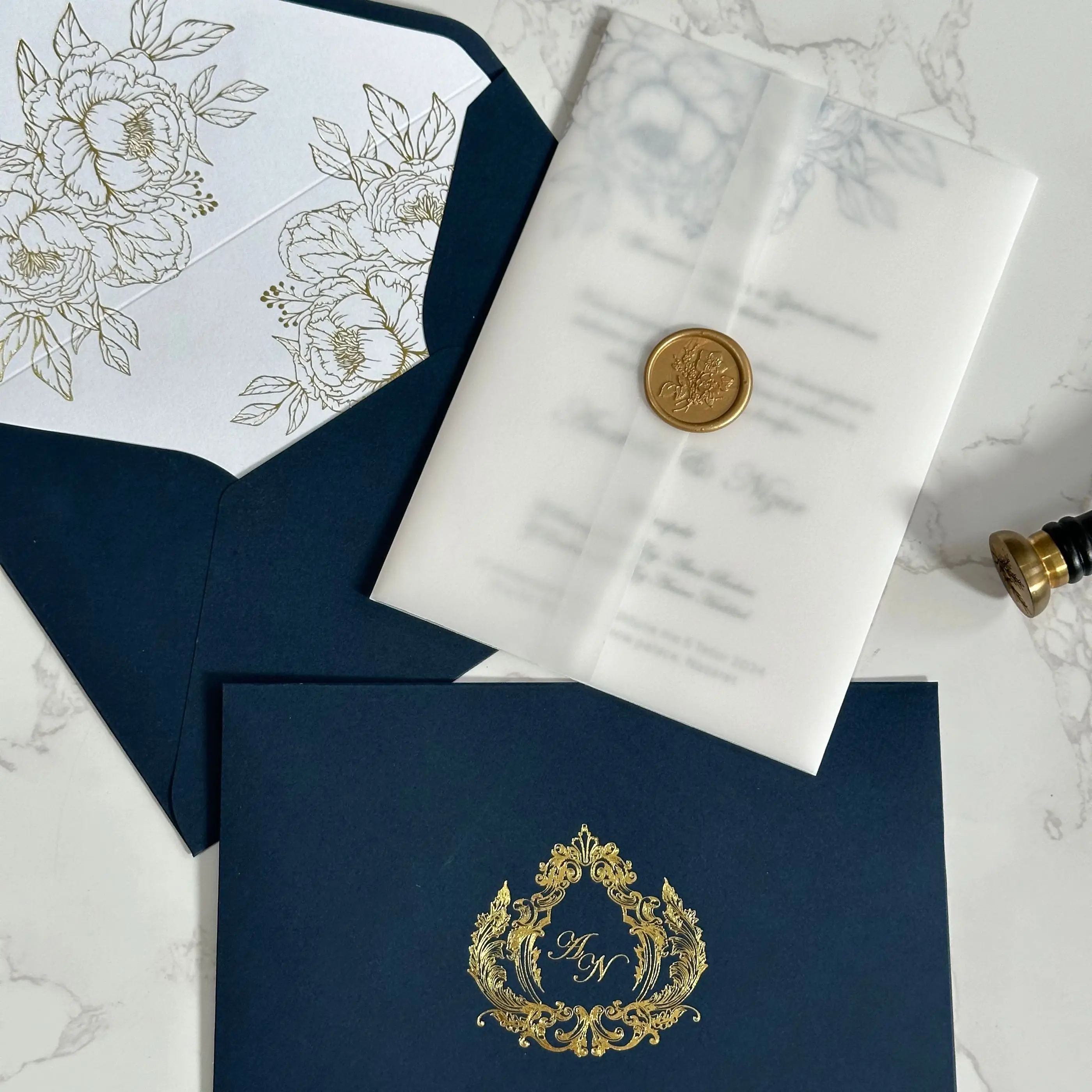 Floral Elegance Wedding Invitation Set with Envelope and Wax Seal, Gold Foil Envelope Liner and Custom Gold Foil Envelope Logo