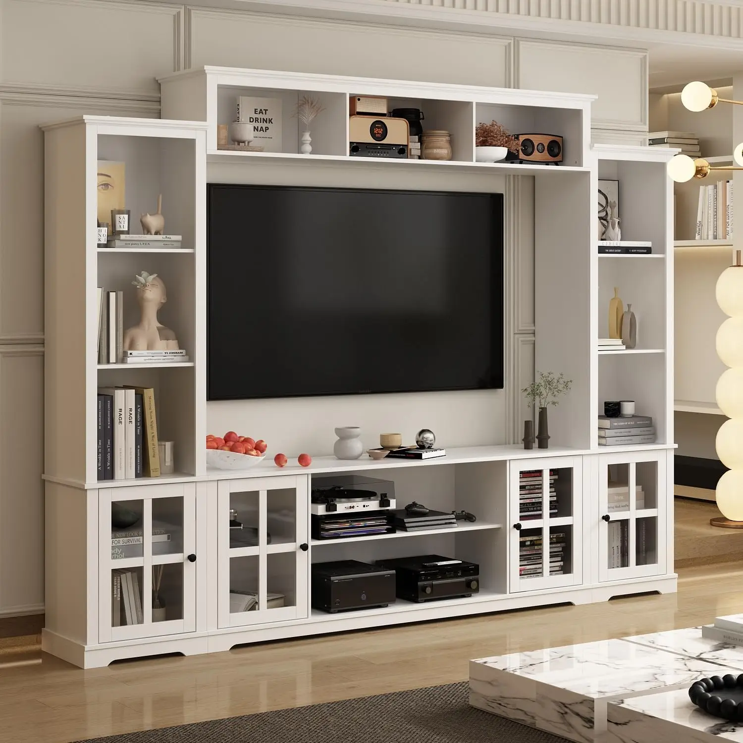 Entertainment Wall Unit Set with Bridge, Modern TV Stand, Large Console Table , Living Room Storage Bookshelf Set, White