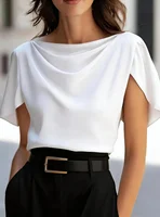 Women's Short Sleeve Cowl Neck Blouse Elegant Draped Top - Image 5