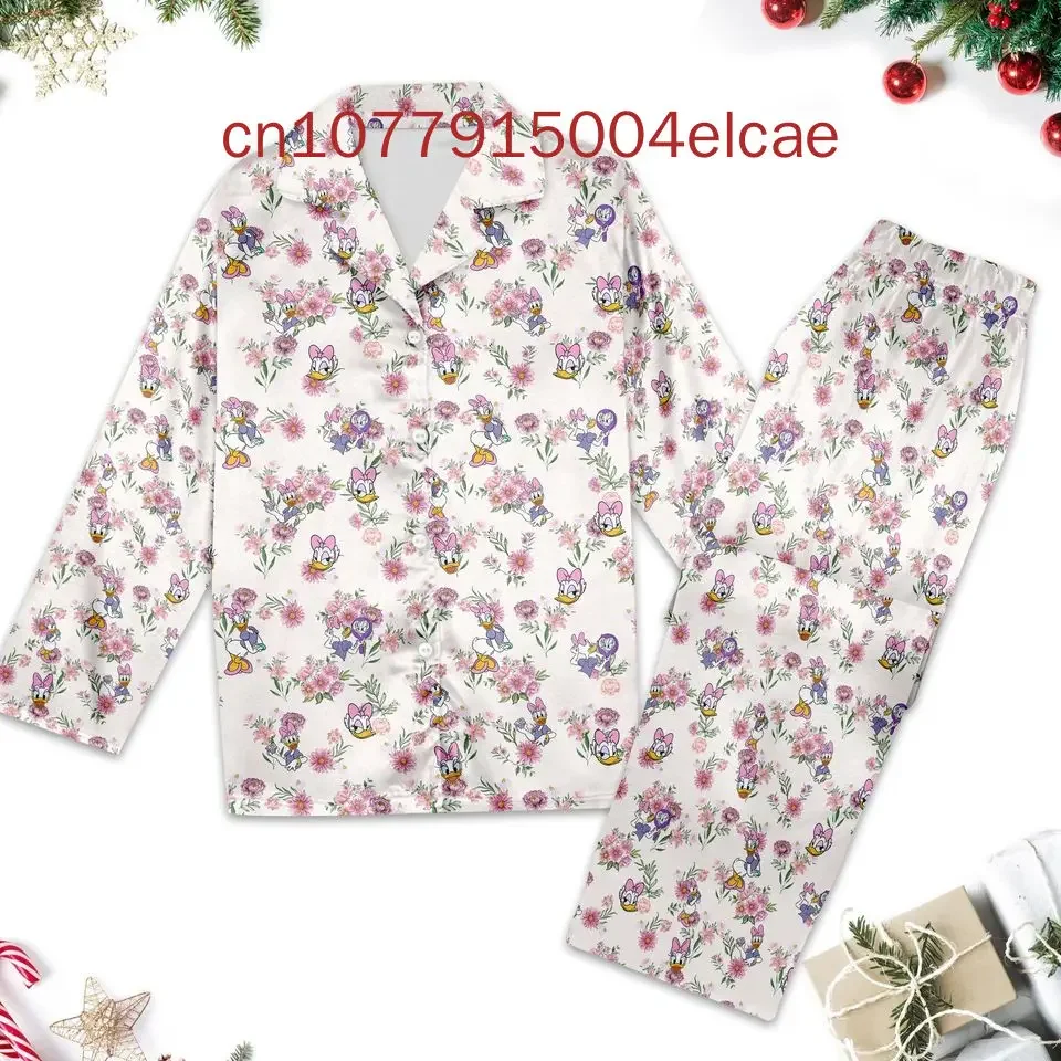 Daisy Duck Long Sleeve Pants Two-piece Set Men's And Women's Pajamas Silk Pajamas Women's Cartoon Pajamas Pants Set