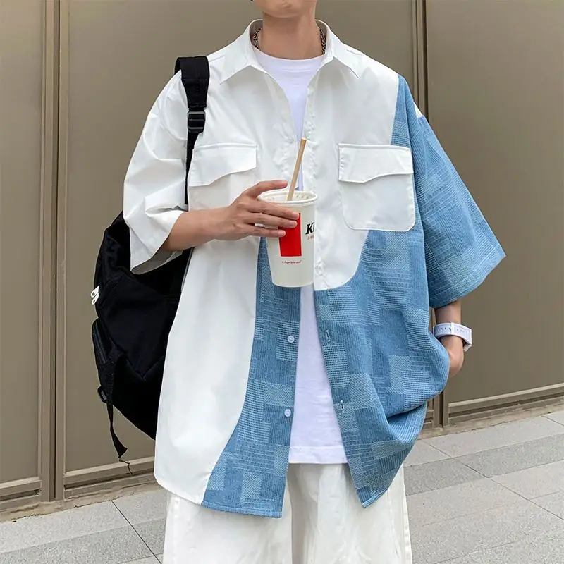 Shirts for Men Splicing Half Sleeve Contrast Color with Pocket Man Shirt Cotton Sale Sleeves Korean Popular Clothes Designer