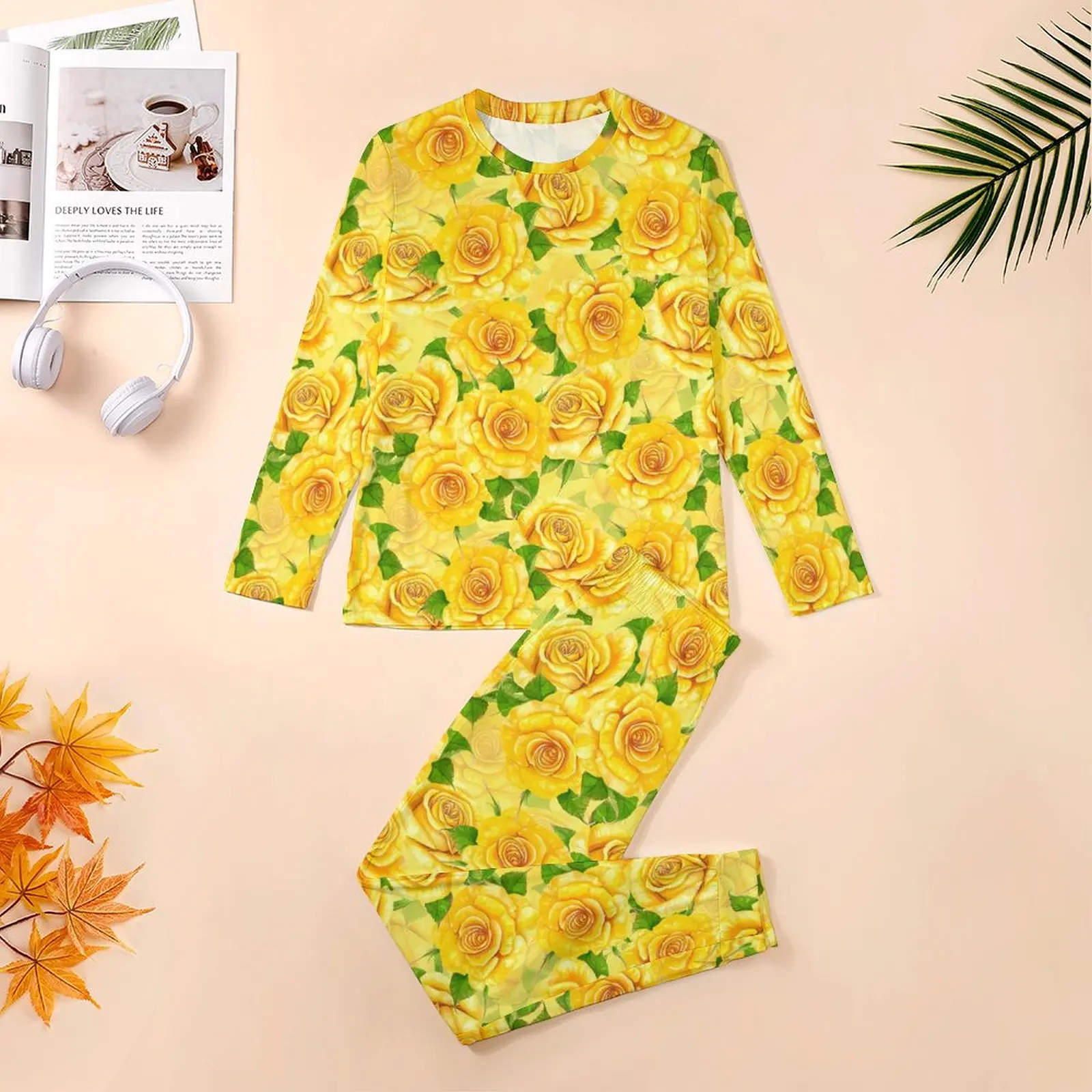 Yellow Rose Pajamas Watercolor Flowers Mens Long Sleeves Lovely Pajama Sets 2 Pieces Bedroom Autumn Graphic Nightwear Gift