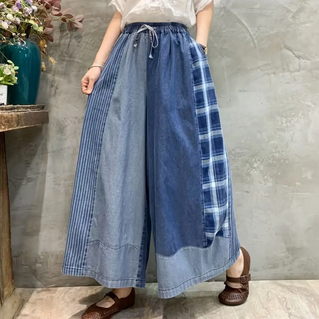 Frühling Sommer Mode Denim Breite Hosen Frauen Lose Klassische Plaid Vintage Jeans Frauen Gestreiften Freizeit Übergroßen Hosen