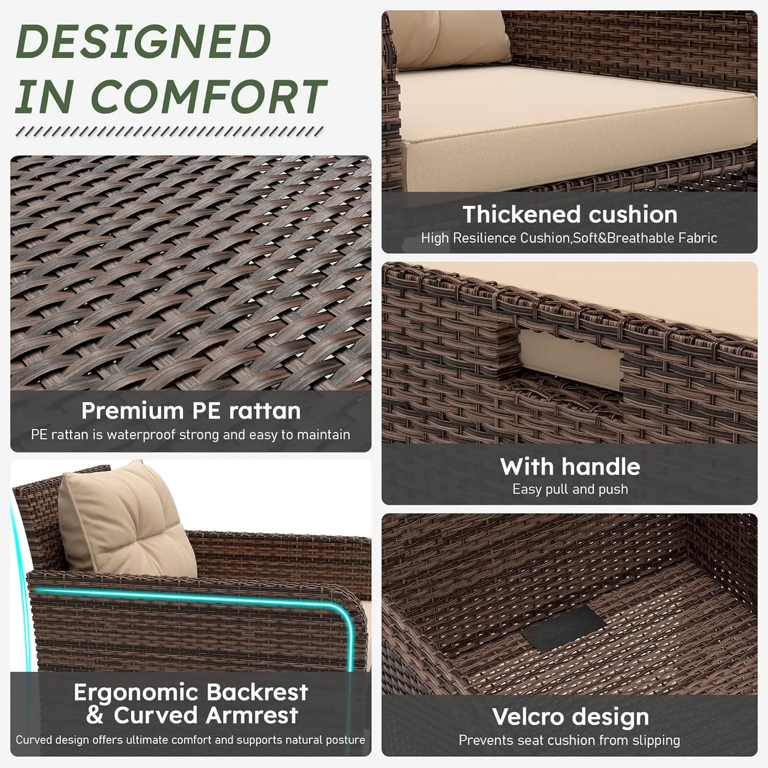 5-delige buitenterrasset met stoelen, poef en salontafel met kussens – beige en bruin