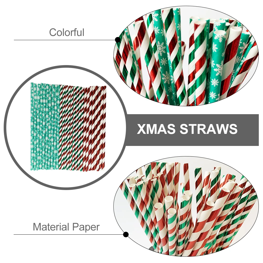 

150 Pcs Christmas Straws Decor Xmas Festival Paper Pattern Degradable Child Party
