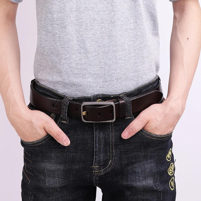 Stainless Steel Buckle Belt, Men's Leather, Thickened Smooth Top Layer, Cowhide, Retro Casual And Versatile Youth Denim Belt