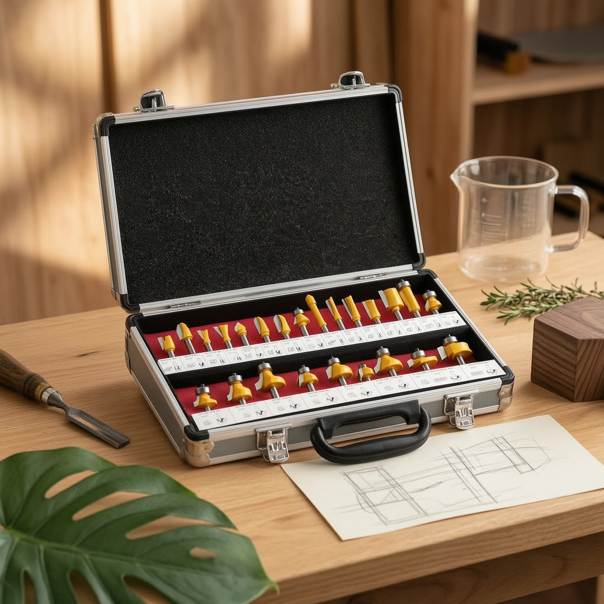 24 Pieces Router Bit Set with Aluminum Case Professional Router Bit Set Tool Long-Lasting Sturdy for Woodworkers, Workshop