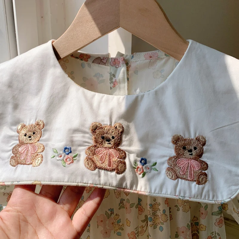 

Big Lapel Bear Embroidered Girls Dress2025Summer new style puff short sleeve stylish girls' dress