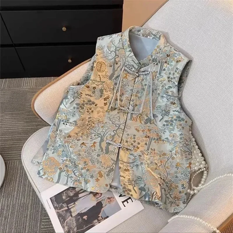 New Chinese National Style Tang Suit Vest Top Women Spring Summer 2024 New Fashion Retro Buckle Jacquard Waistcoat Outside Coat