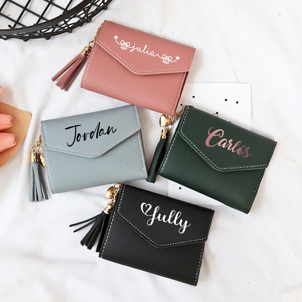 Personalized Ladies Leather Wallet Holder Custom Bridesmaid Bridal Party Gift Girl Mini New Hand Holding Tassel Pendant Wallet