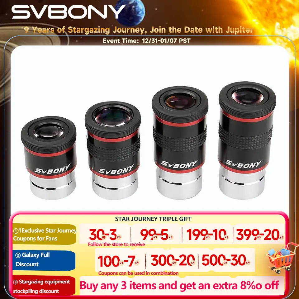 Ocular telescópico SVBONY FMC 1,25 "68 ° Ultra gran angular 6mm/ 9mm /15m /20mm para telescopio astronómico