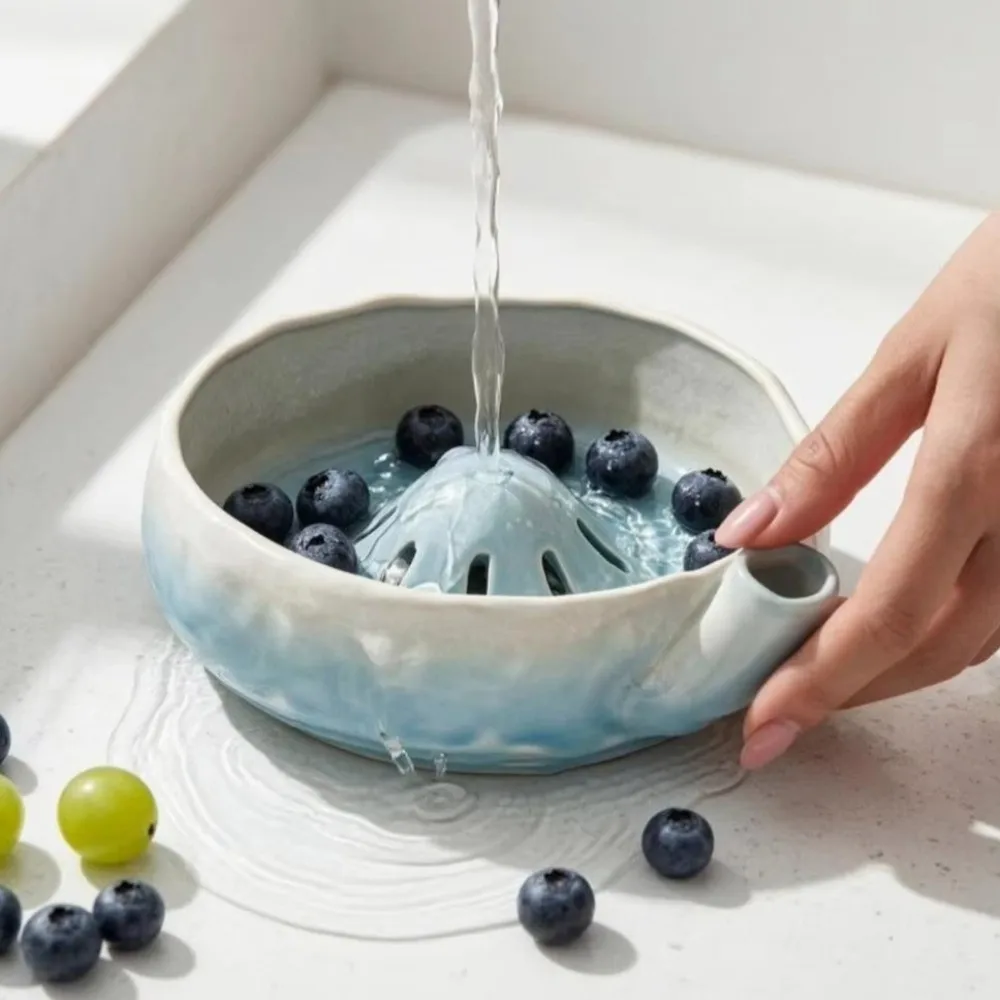 Ceramic Berry Swirl Bowl Self Spinning 360° Vortex Berry Colander Bowl Automatic Rotating Drainage Hole Fruit Rinse Bowl Kitchen