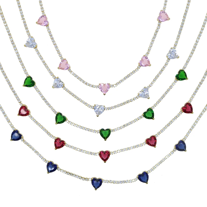 2025 New Arrived Fashion Sparking Clear Multicolor WHITE Cubic Zirconia CZ Heart Necklaces For Women Tennis Chain Charm Jewelry