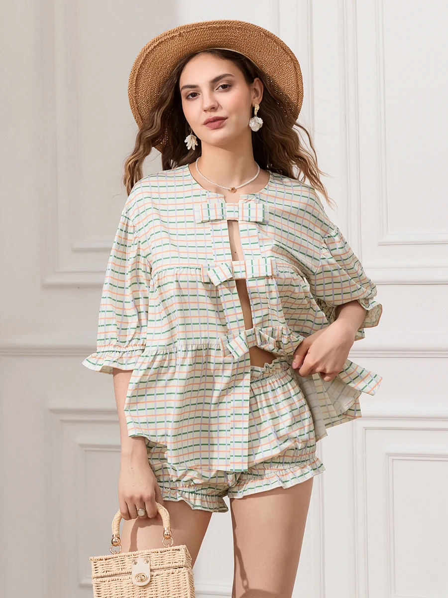 wsevypo Women's Summer Two-Piece Shorts Suits Striped Half Puff Sleeve Bows Open Front Shirts Tops with Bloomers Shorts Outfits