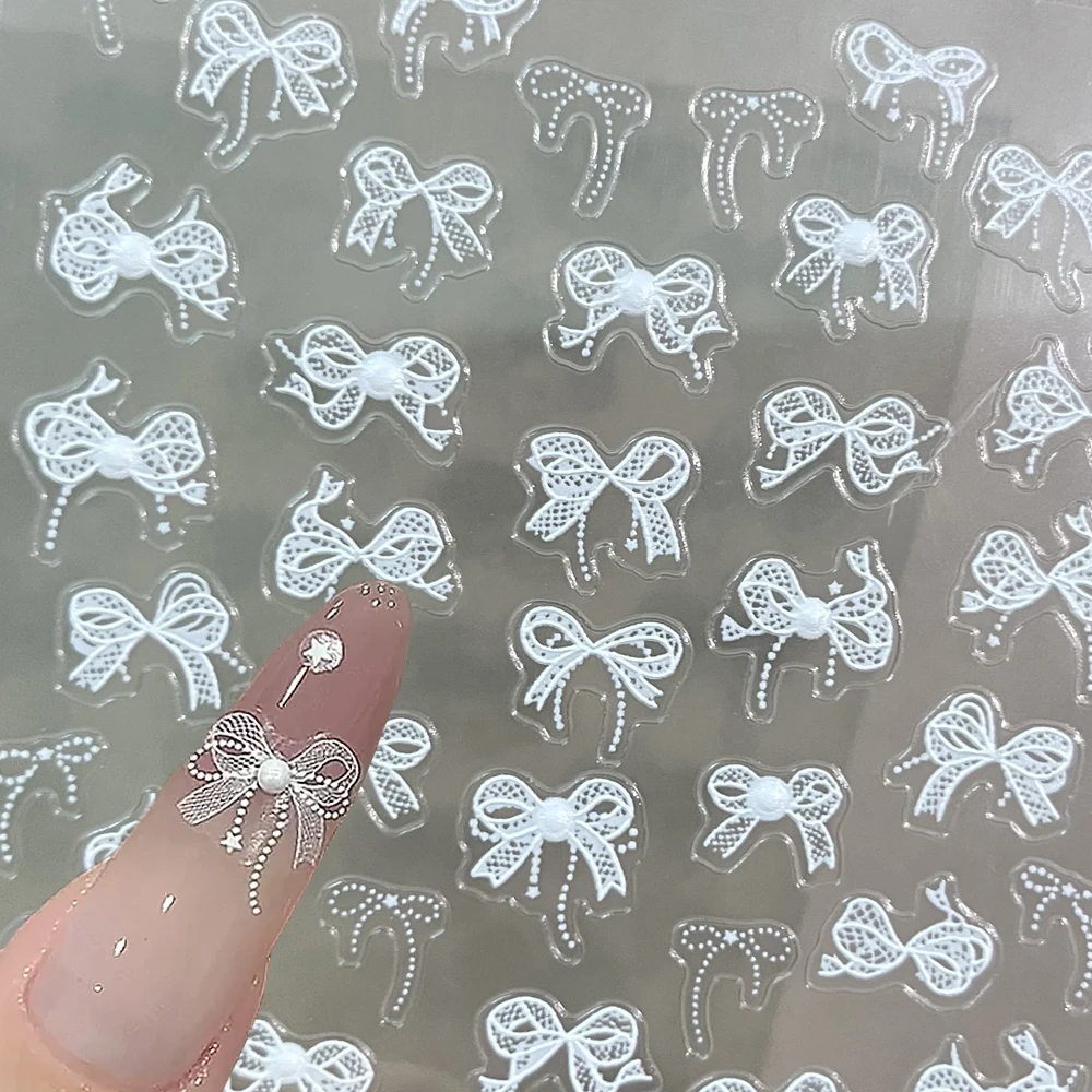 Autocollants pour ongles avec nœud papillon en dentelle blanche 5D, 1 pièce, élégant, Double couche, nœud papillon + perle, décalcomanies pour ongles, ruban auto-adhésif, décor de manucure