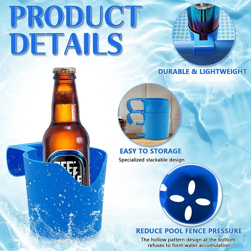 4Piece Poolside Cup Holder For Above Ground Swimming Pool, Blue Plastic For Drinks Fit 2 Inch Or Less Poolside Top Bar