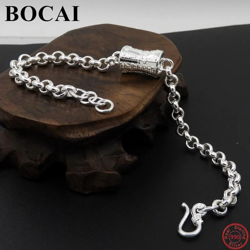 BOCAI S990 Sterling Silver Bracelets for Women Men New Fashion Sanskrit Heart Sutra 5mm O-chain Hand String Free Shipping