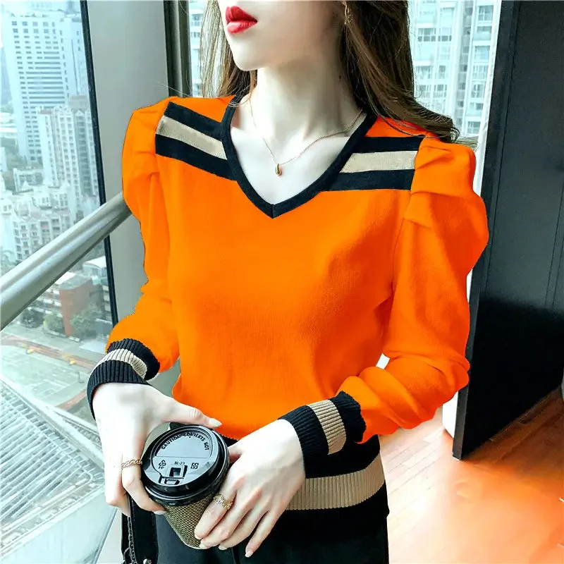 Fashion V-Neck Spliced Knitted Puff Sleeve Blouses Women's Clothing 2024 Autumn Winter Loose Casual Tops All-match Shirts D53