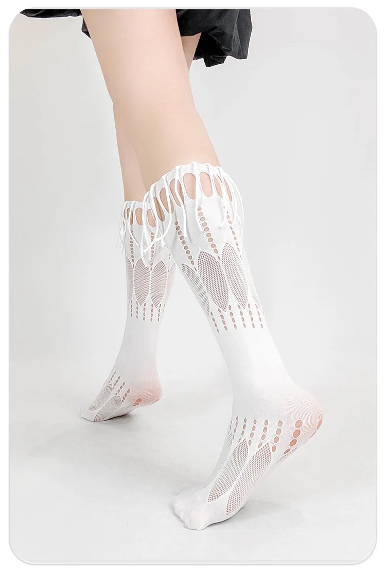 Summer Thin White Lace Trim Socks for Women Japanese JK Hollow-out Fringe Fishnet Socks Breathable Mesh Slouch Socks