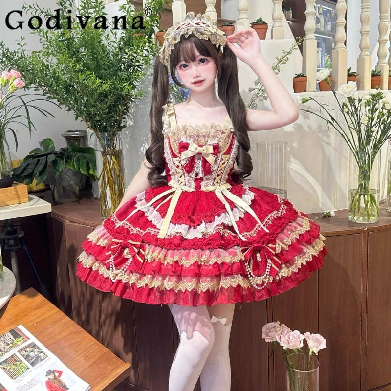 

Red Lolita Style Princess Dress Jsk Summer New 2025 Japanese Girl's Women's Sweet Cute Bow Lace Sling Dress Birthday Dresses