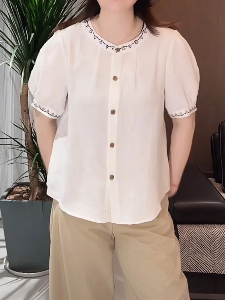 Fashionable round Neck Linen Shirt Women's Slimming Versatile Summer New Arrival Breathable Comfortable Short Sleeve Shirt