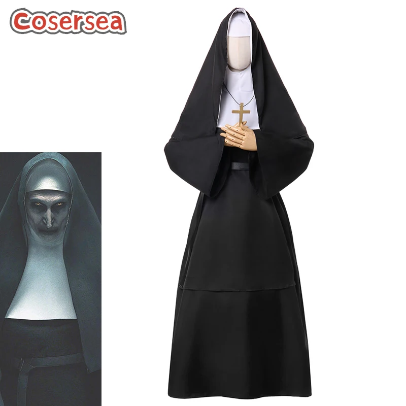 

Cosersea The Nun Cross Ghost Halloween Cosplay Costume The Conjuring Horror Films Women Black Dress Role Play Outfit Fullset