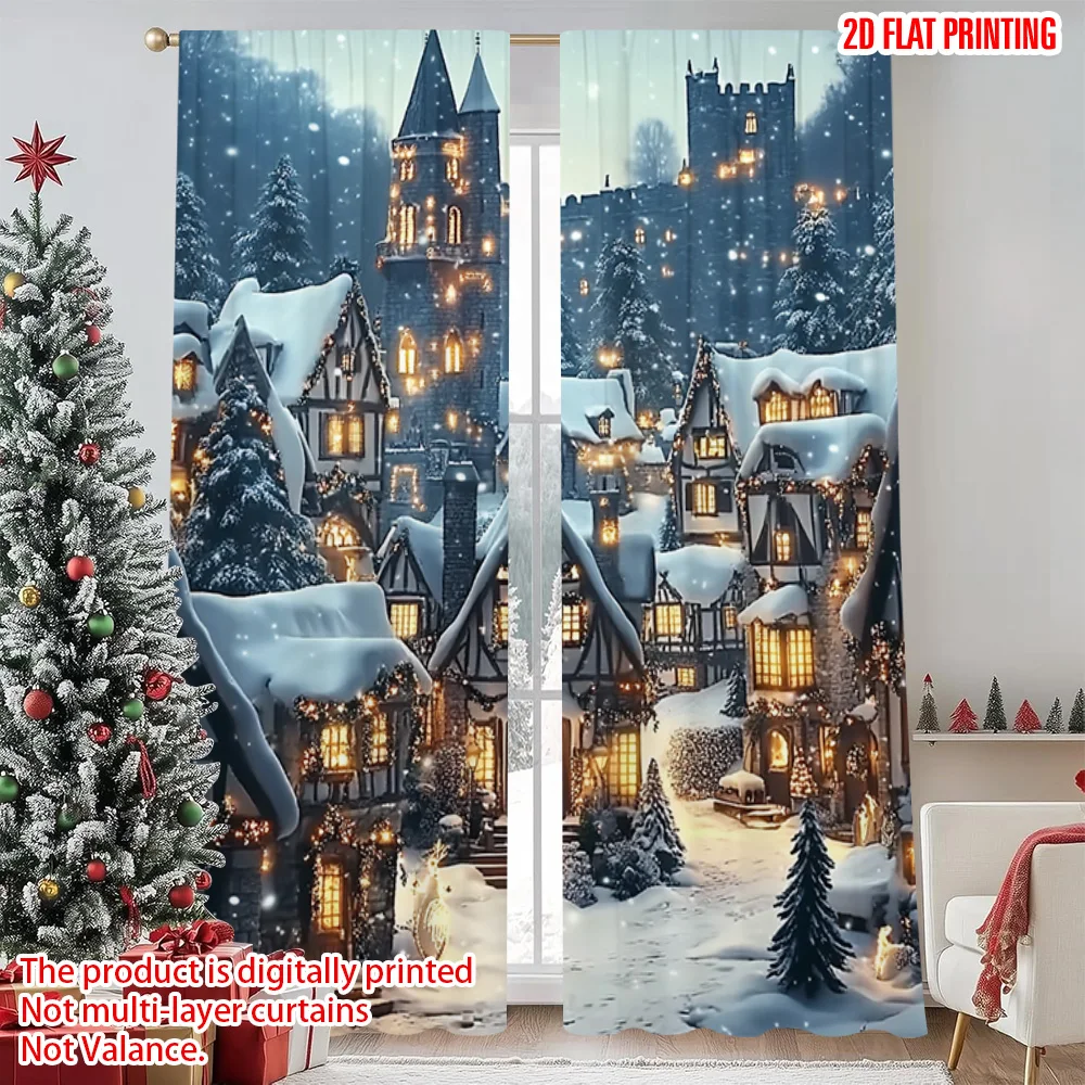 

2pcs 2D flat printing Christmas Window Curtains Christmas Snowy Warm Street Versatile Polyester Fabric Without Electricity Party