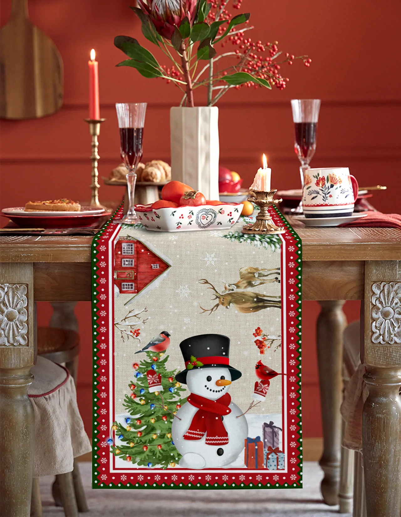 Christmas Style Decoration Snowman Snowflake Dining Table Runner Washable Table Runner For Dining Christmas Tablecloth For Table