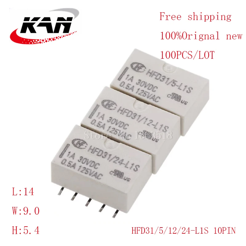 

Free shipping 100pcs relay HFD31-5-L1S HFD31-12-L1S HFD31-24-L1S 5VDC 12VDC 24VDC 1A 250VAC 10PIN Original New