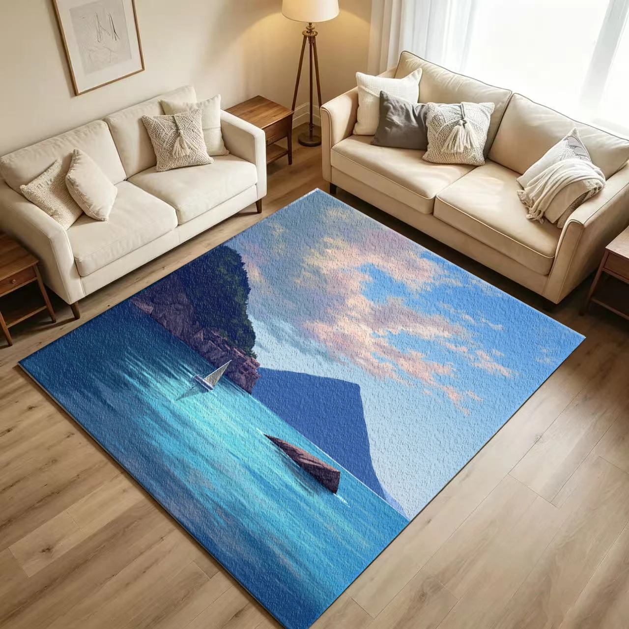 Anime Ocean Coastal Sailboat Landscape Carpet Flooring Cartoon Seaside Cliff Town Scenery Printed Floor Rug for Household Indoor Aesthetic Home Decoration