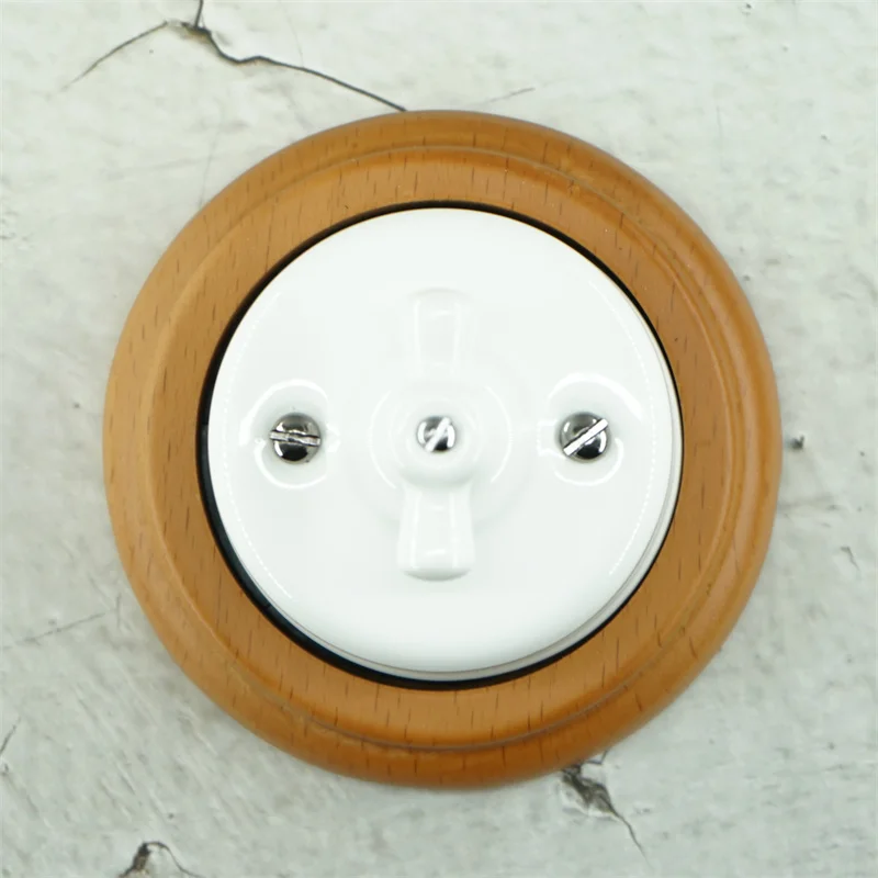 EU Standard Porcelain Ceramic Vintage Retro Sufrace-mounted Wall Switch And German Socket With Double Wooden Frame